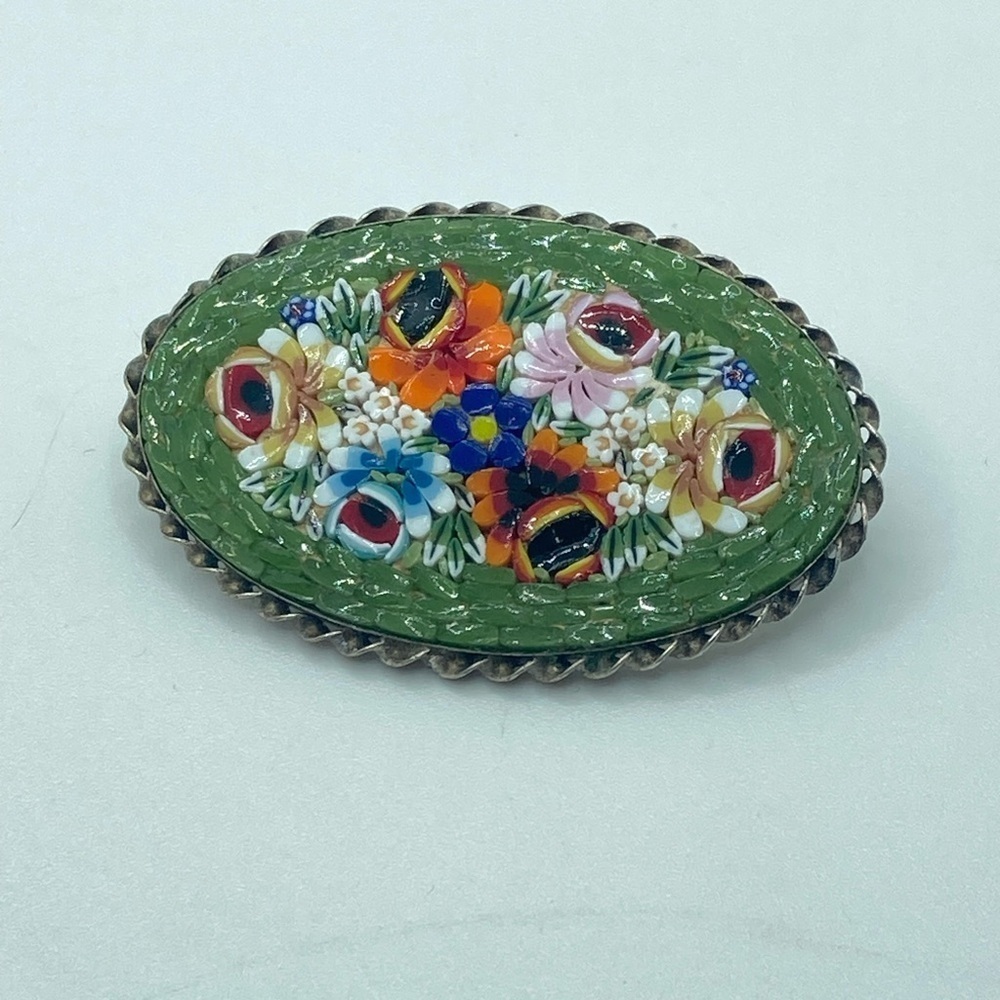 VTG Italian Micro Mosaic Floral Flower Glass Brooch Colourful 2” x 1.2”